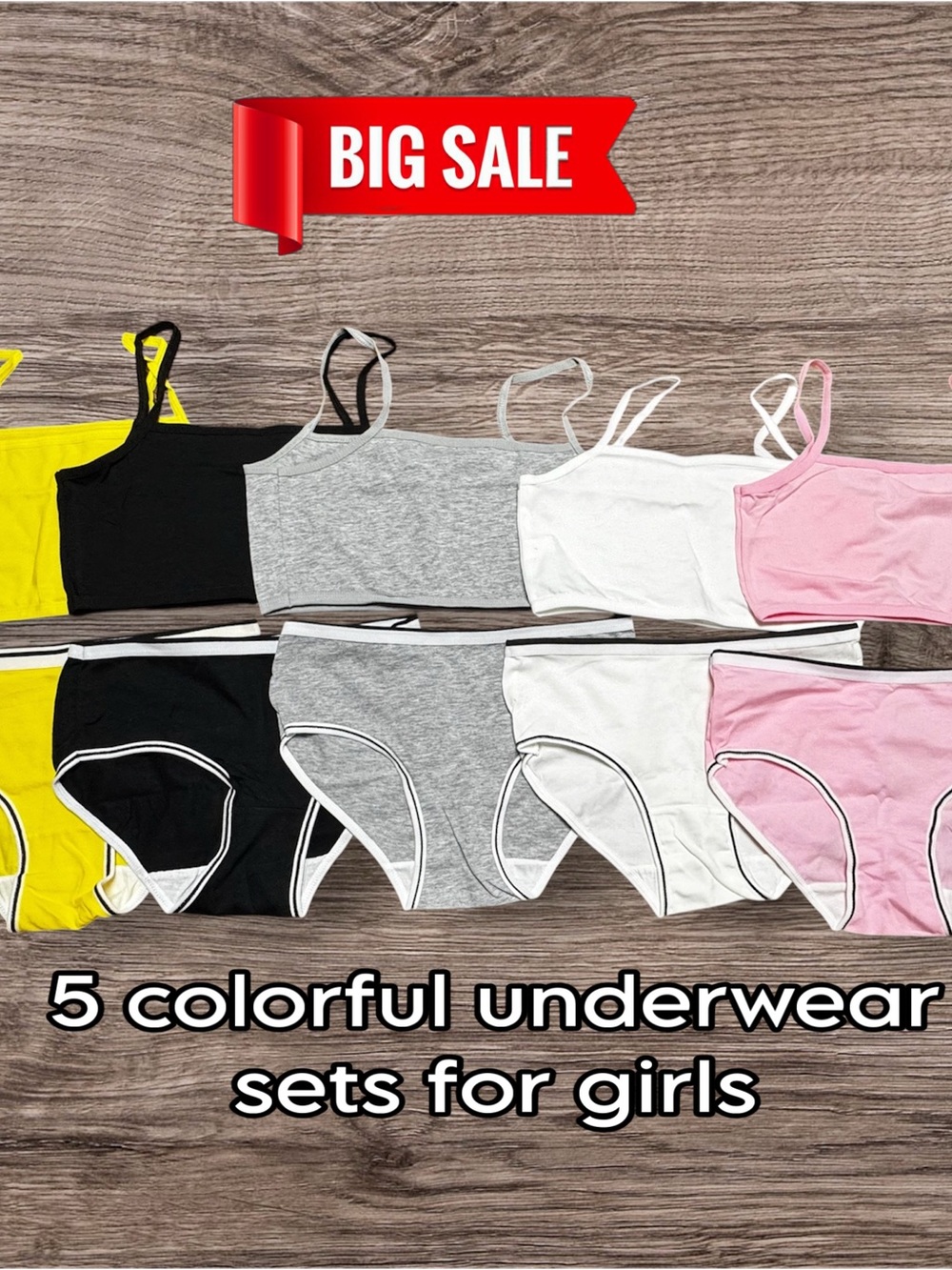 Girls 5-Pack Cotton Top & Brief Set - Yellow, Black, Gray, White, Pink 8-10Y